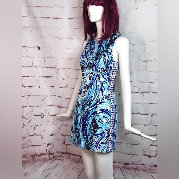 LILLY PULITZER Mila Blue Pink White Swirl Design Cotton Sheath Dress Size 00 - Picture 10 of 16